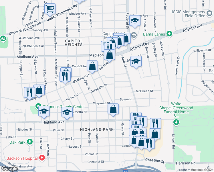 map of restaurants, bars, coffee shops, grocery stores, and more near 425 Heustess Street in Montgomery
