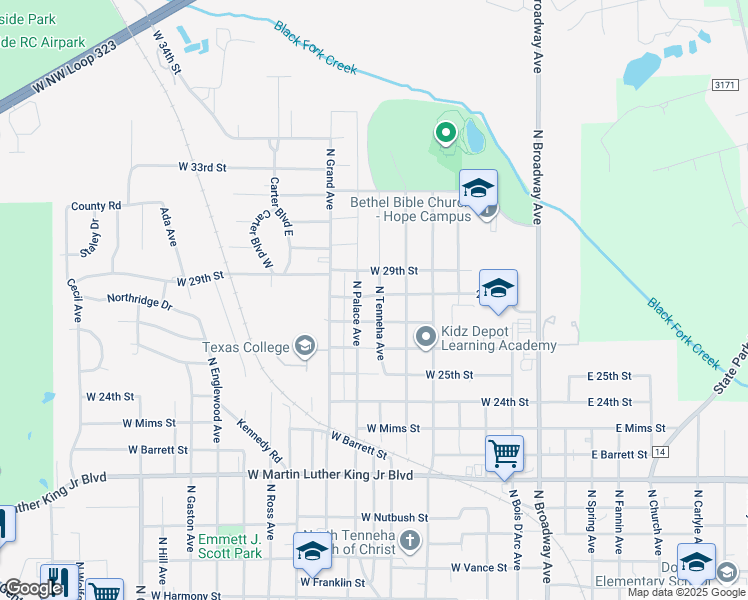 map of restaurants, bars, coffee shops, grocery stores, and more near 2527 North Tenneha Avenue in Tyler