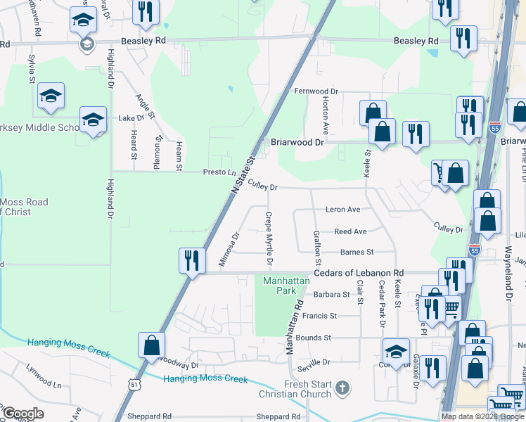 map of restaurants, bars, coffee shops, grocery stores, and more near 5523 Crepe Myrtle Drive in Jackson