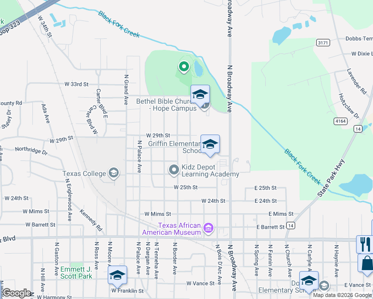map of restaurants, bars, coffee shops, grocery stores, and more near 2621 North Border Avenue in Tyler