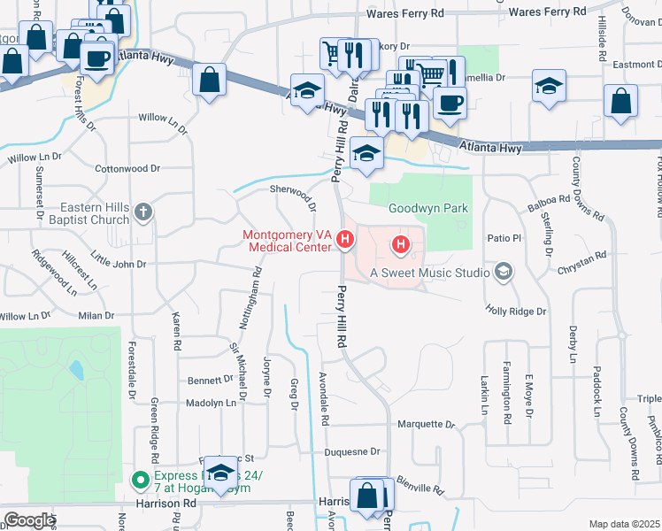 map of restaurants, bars, coffee shops, grocery stores, and more near 3831 Fairfield Drive in Montgomery