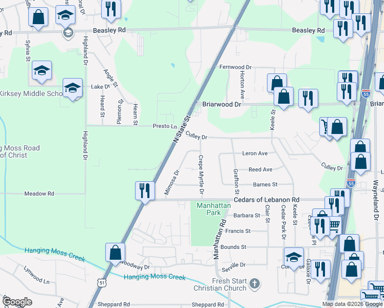 map of restaurants, bars, coffee shops, grocery stores, and more near 5545 Mimosa Drive in Jackson