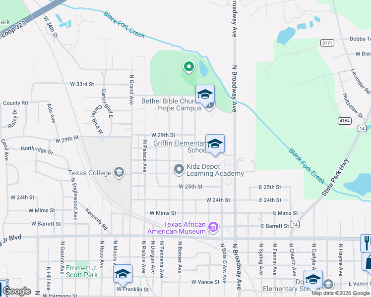 map of restaurants, bars, coffee shops, grocery stores, and more near 504 West 29th Street in Tyler