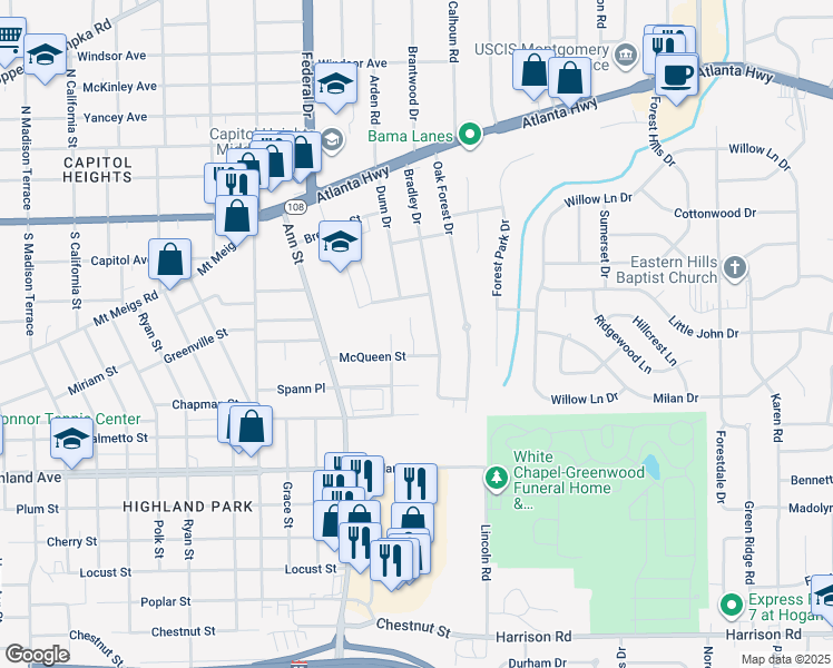 map of restaurants, bars, coffee shops, grocery stores, and more near 204 Bradley Drive in Montgomery