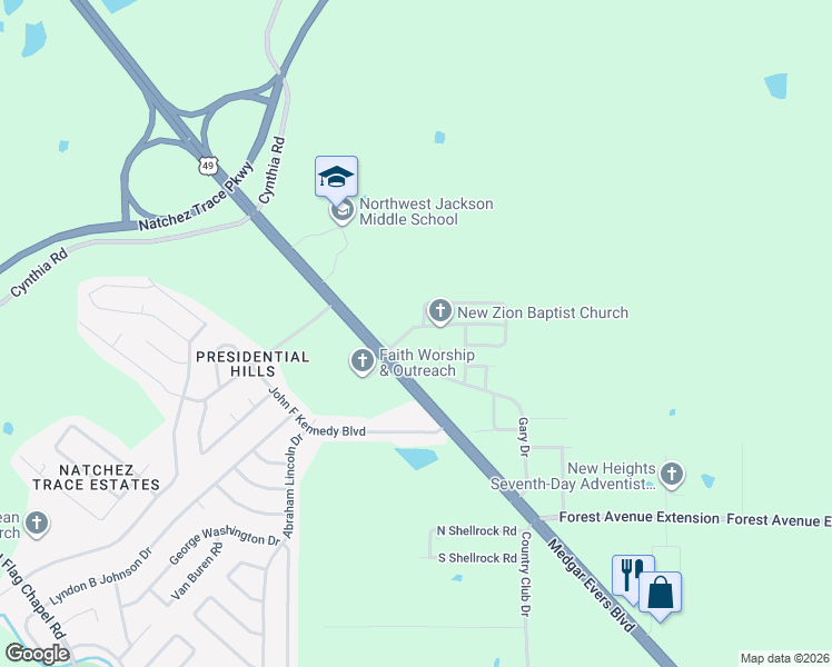 map of restaurants, bars, coffee shops, grocery stores, and more near 290 Pin Oak Drive in Jackson