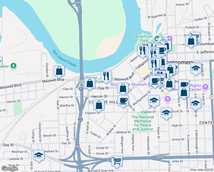map of restaurants, bars, coffee shops, grocery stores, and more near 532 Clay Street in Montgomery