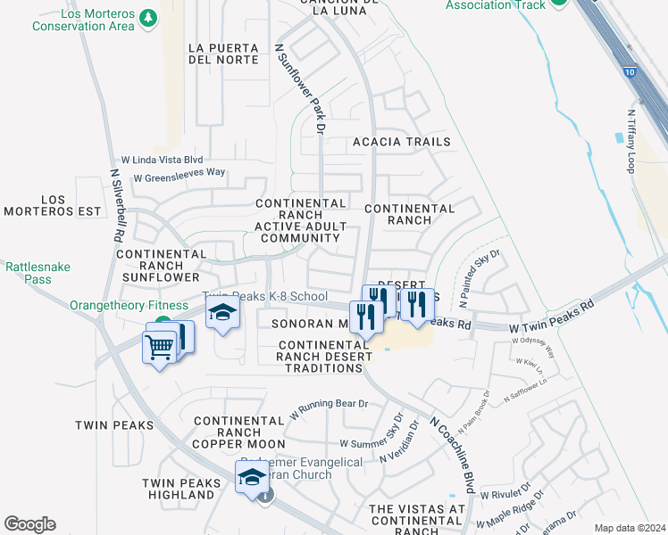 map of restaurants, bars, coffee shops, grocery stores, and more near 7670 West Desert Cactus Way in Tucson