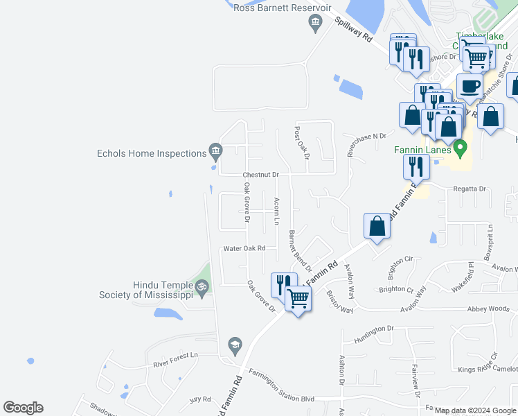 map of restaurants, bars, coffee shops, grocery stores, and more near 160 Willow Oak Lane in Brandon