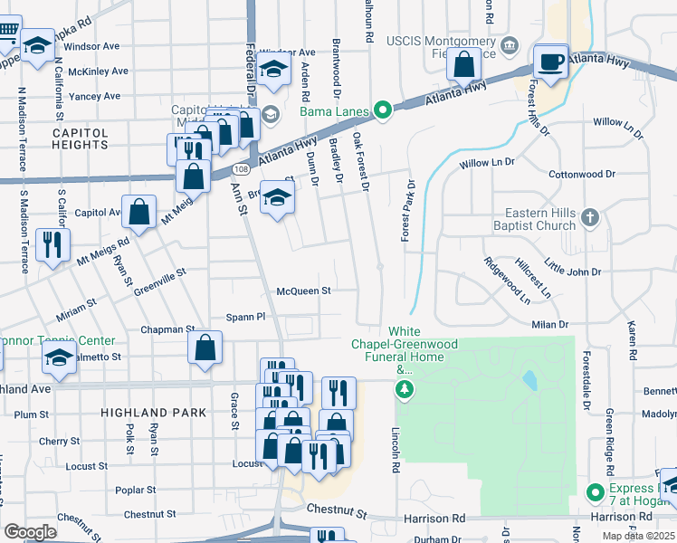 map of restaurants, bars, coffee shops, grocery stores, and more near 331 Olivia Court in Montgomery