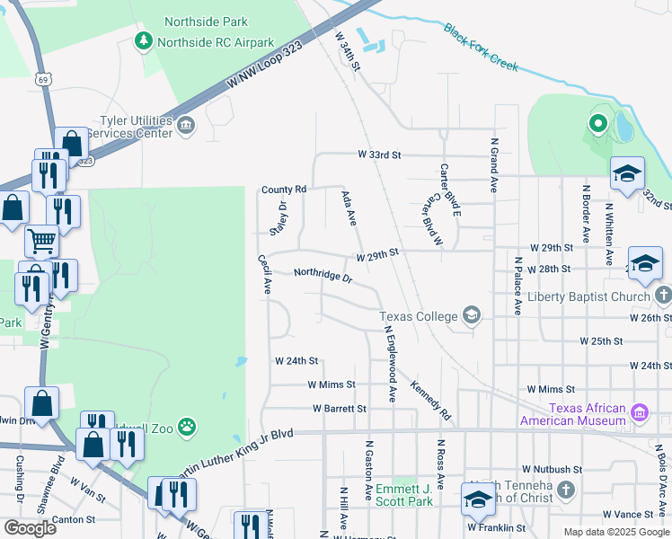 map of restaurants, bars, coffee shops, grocery stores, and more near 1600 West 29th Street in Tyler