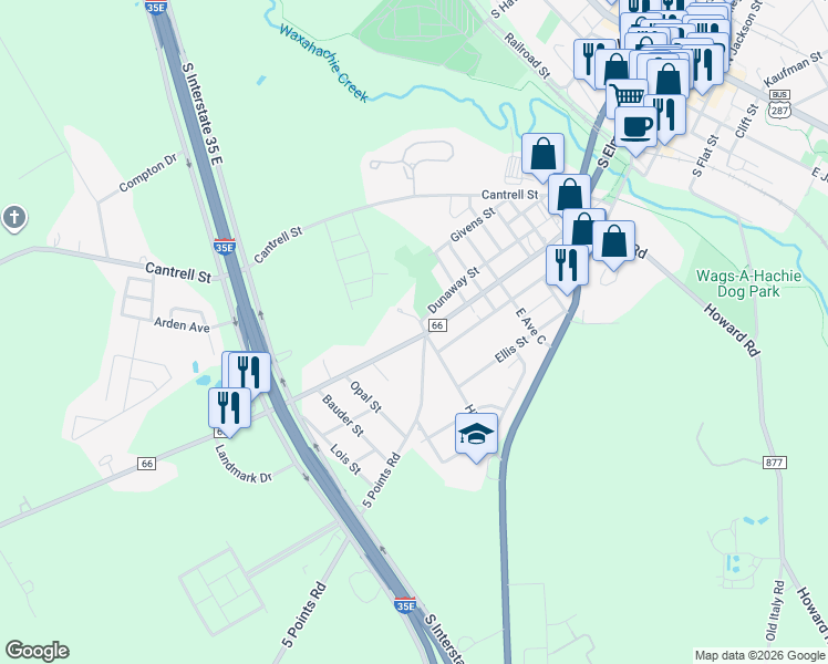 map of restaurants, bars, coffee shops, grocery stores, and more near 1150 Dunaway Street in Waxahachie