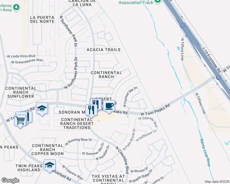 map of restaurants, bars, coffee shops, grocery stores, and more near 9418 North Stonebrook Drive in Tucson