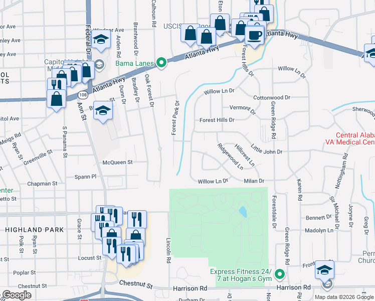map of restaurants, bars, coffee shops, grocery stores, and more near 3116 Willow Lane Drive in Montgomery