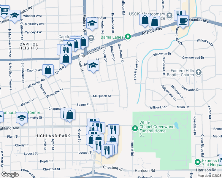map of restaurants, bars, coffee shops, grocery stores, and more near 204 Bradley Drive in Montgomery