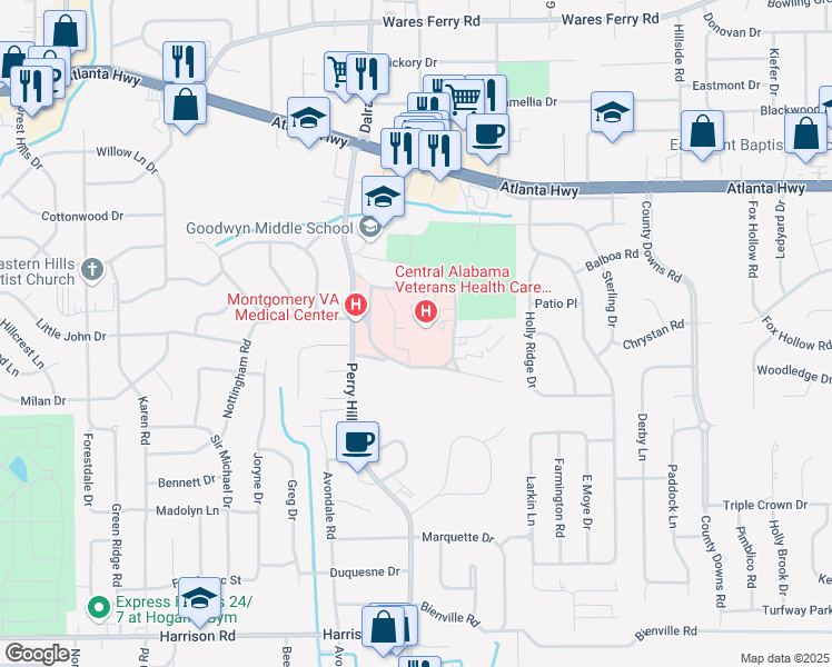 map of restaurants, bars, coffee shops, grocery stores, and more near 215 Perry Hill Road in Montgomery