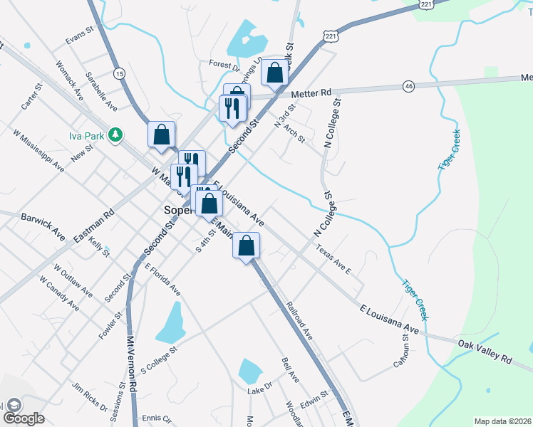 map of restaurants, bars, coffee shops, grocery stores, and more near Stephens Street in Soperton