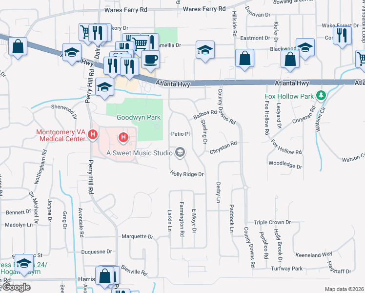 map of restaurants, bars, coffee shops, grocery stores, and more near 4226 Patio Place in Montgomery