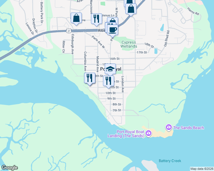 map of restaurants, bars, coffee shops, grocery stores, and more near 1004 11th Street in Port Royal