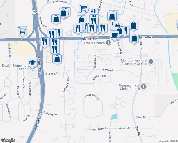 map of restaurants, bars, coffee shops, grocery stores, and more near 5963 Carmel Drive in Montgomery