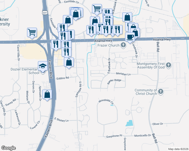 map of restaurants, bars, coffee shops, grocery stores, and more near 5917 Carmel Drive in Montgomery