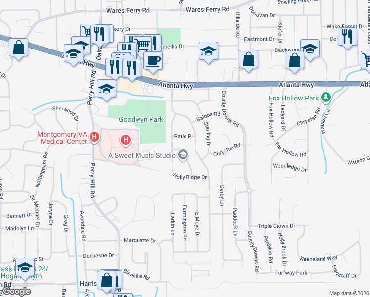 map of restaurants, bars, coffee shops, grocery stores, and more near 4226 Patio Place in Montgomery