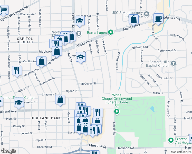 map of restaurants, bars, coffee shops, grocery stores, and more near 204 Bradley Drive in Montgomery