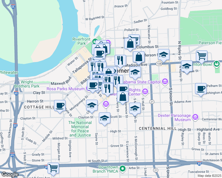 map of restaurants, bars, coffee shops, grocery stores, and more near 17 Dexter Avenue in Montgomery