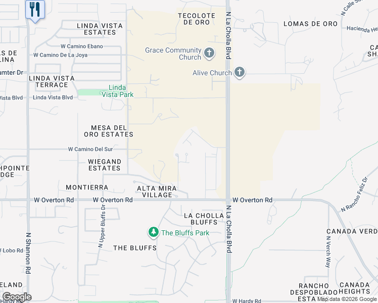 map of restaurants, bars, coffee shops, grocery stores, and more near 2330 West La Cresta Road in Tucson