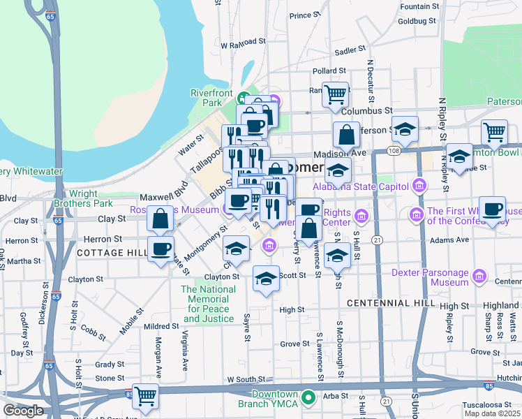 map of restaurants, bars, coffee shops, grocery stores, and more near 1 Commerce Street in Montgomery