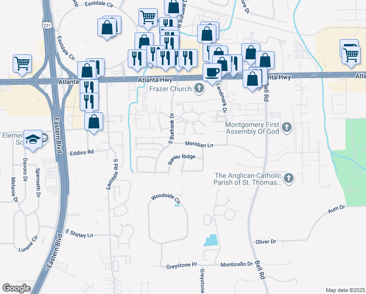 map of restaurants, bars, coffee shops, grocery stores, and more near 6010 Meridian Lane in Montgomery