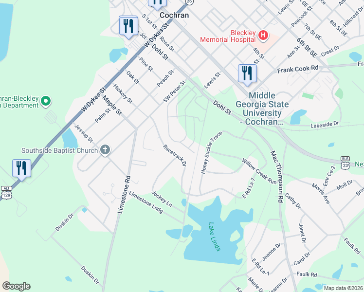 map of restaurants, bars, coffee shops, grocery stores, and more near 195 Village Circle in Cochran