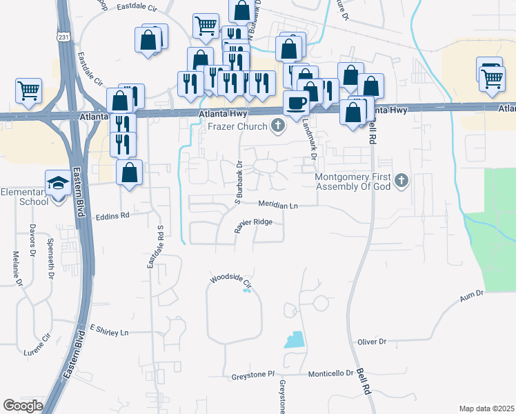 map of restaurants, bars, coffee shops, grocery stores, and more near 6012 Meridian Lane in Montgomery