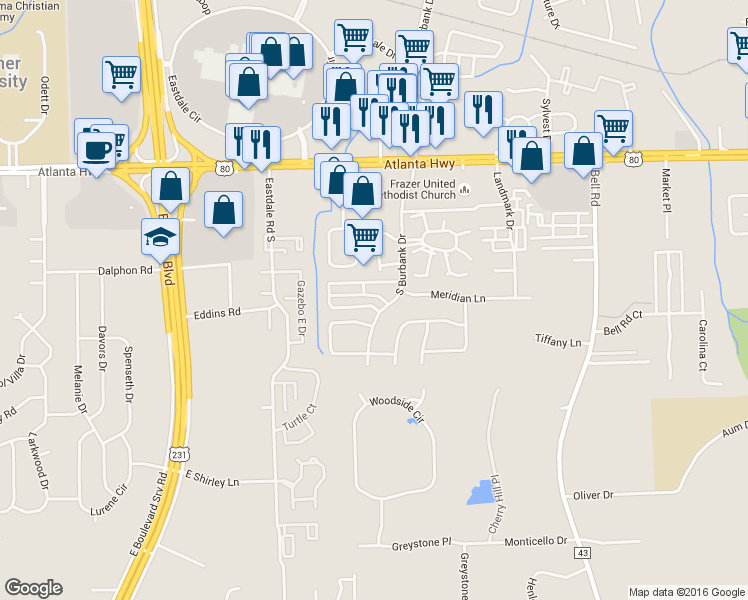 map of restaurants, bars, coffee shops, grocery stores, and more near 5978 Carmel Drive in Montgomery