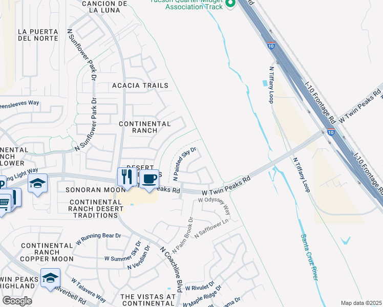 map of restaurants, bars, coffee shops, grocery stores, and more near 9411 North Painted Sky Drive in Tucson