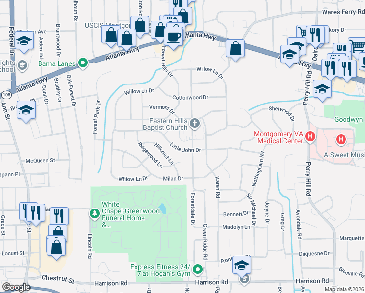 map of restaurants, bars, coffee shops, grocery stores, and more near 3285 Little John Drive in Montgomery