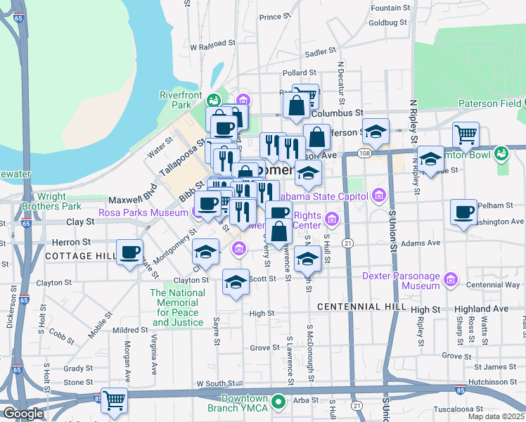 map of restaurants, bars, coffee shops, grocery stores, and more near 1-19 South Perry Street in Montgomery