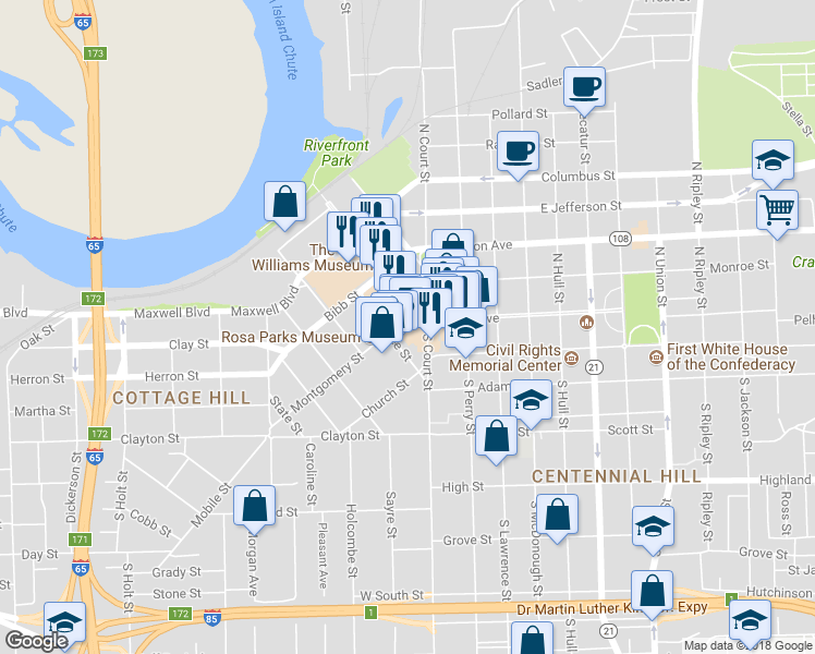 map of restaurants, bars, coffee shops, grocery stores, and more near 111 Montgomery Street in Montgomery