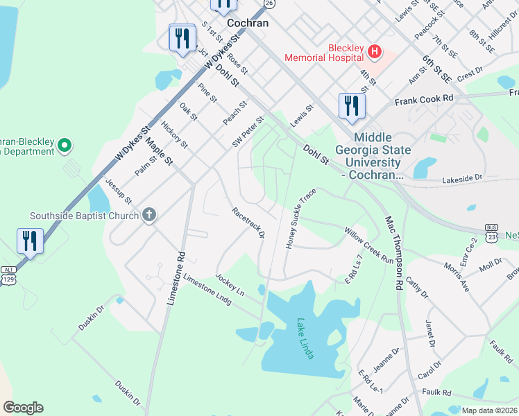map of restaurants, bars, coffee shops, grocery stores, and more near 195 Village Circle in Cochran