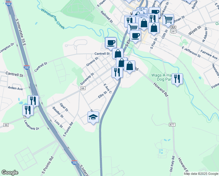 map of restaurants, bars, coffee shops, grocery stores, and more near 708 Ellis Street in Waxahachie