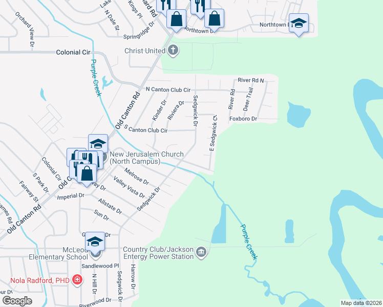 map of restaurants, bars, coffee shops, grocery stores, and more near 5730 Sedgwick Drive in Jackson