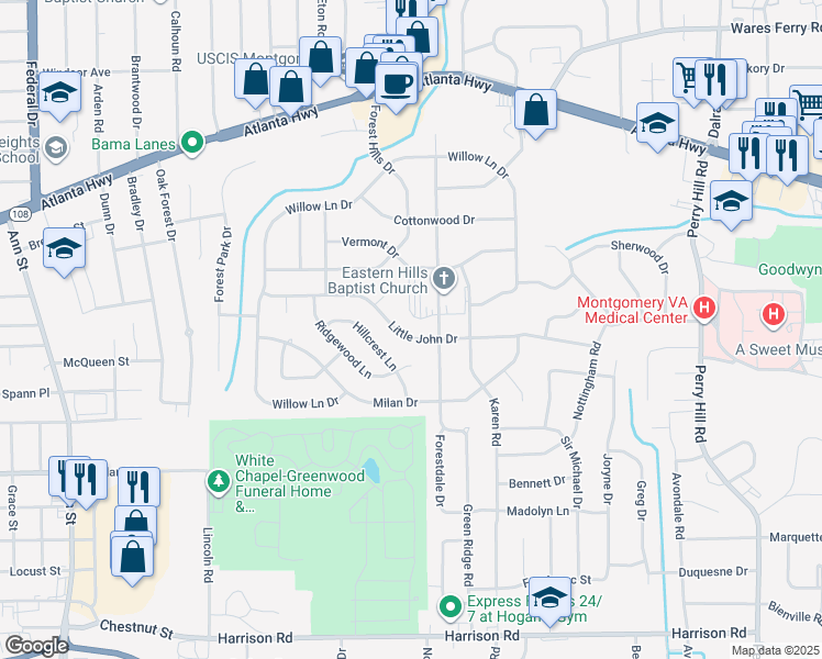 map of restaurants, bars, coffee shops, grocery stores, and more near 3285 Little John Drive in Montgomery