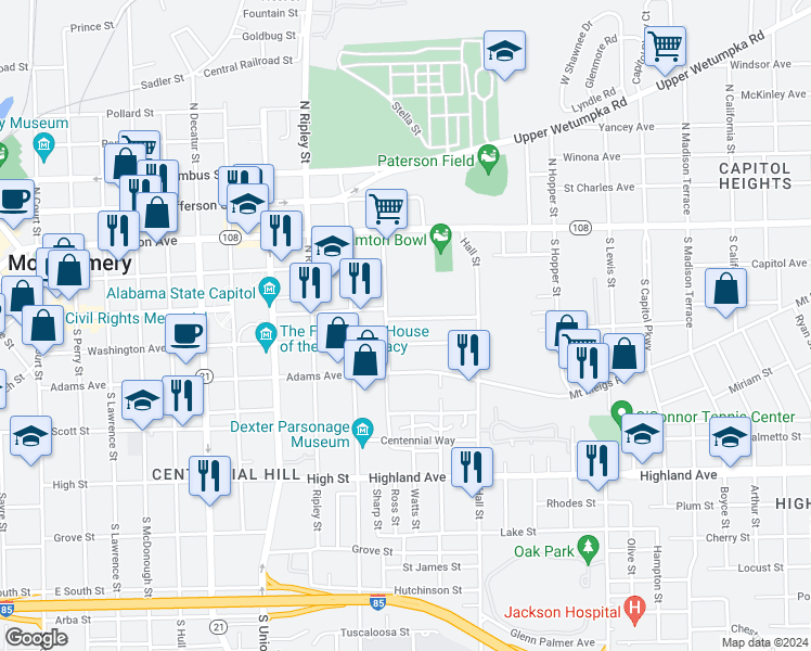 map of restaurants, bars, coffee shops, grocery stores, and more near 1008 Pelham Street in Montgomery