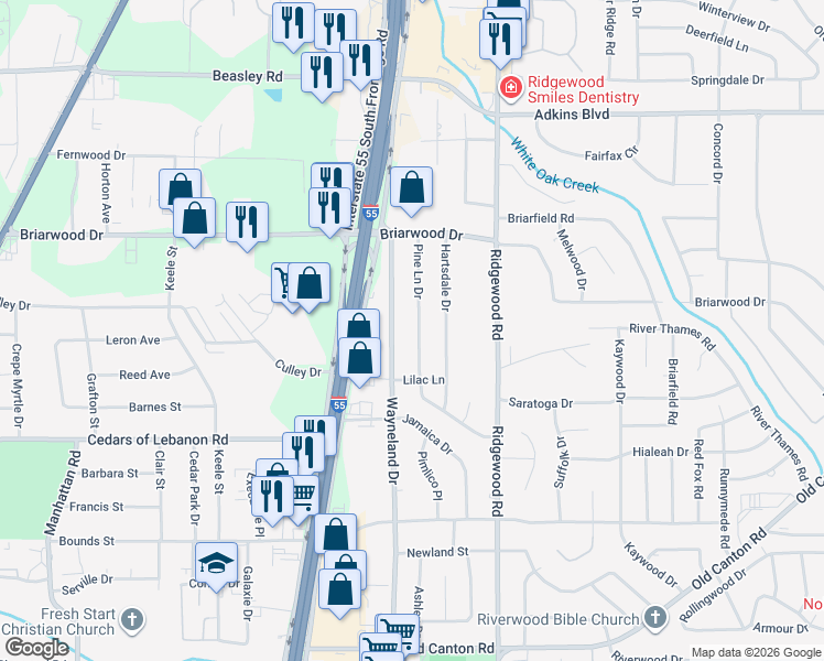 map of restaurants, bars, coffee shops, grocery stores, and more near 5453 Pine Lane Drive in Jackson