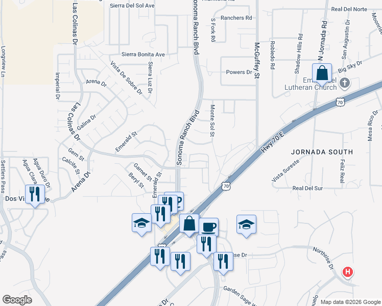 map of restaurants, bars, coffee shops, grocery stores, and more near 3926 Sombra Morada Road in Las Cruces