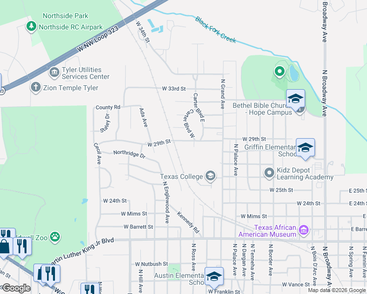 map of restaurants, bars, coffee shops, grocery stores, and more near 1312 West 29th Street in Tyler