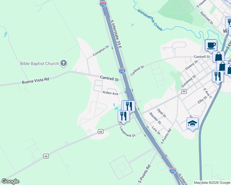 map of restaurants, bars, coffee shops, grocery stores, and more near 1446 South Interstate 35 East Service Road in Waxahachie