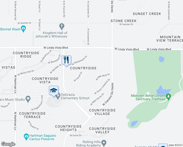 map of restaurants, bars, coffee shops, grocery stores, and more near 9401 North Lemur Lane in Tucson