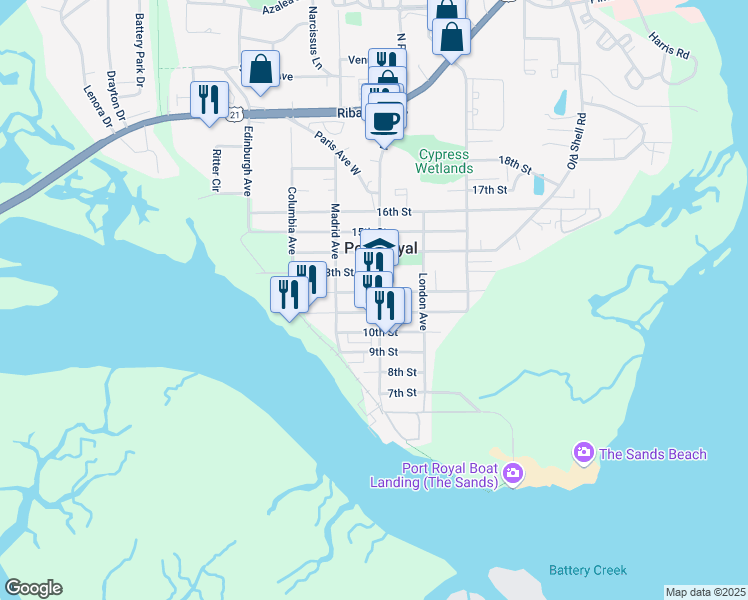 map of restaurants, bars, coffee shops, grocery stores, and more near 917 12th Street in Port Royal