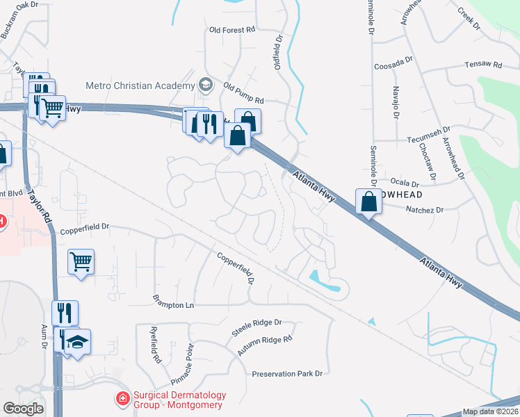 map of restaurants, bars, coffee shops, grocery stores, and more near 719 Somerset Drive in Montgomery