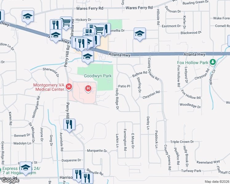 map of restaurants, bars, coffee shops, grocery stores, and more near 241-299 Holly Ridge Drive in Montgomery